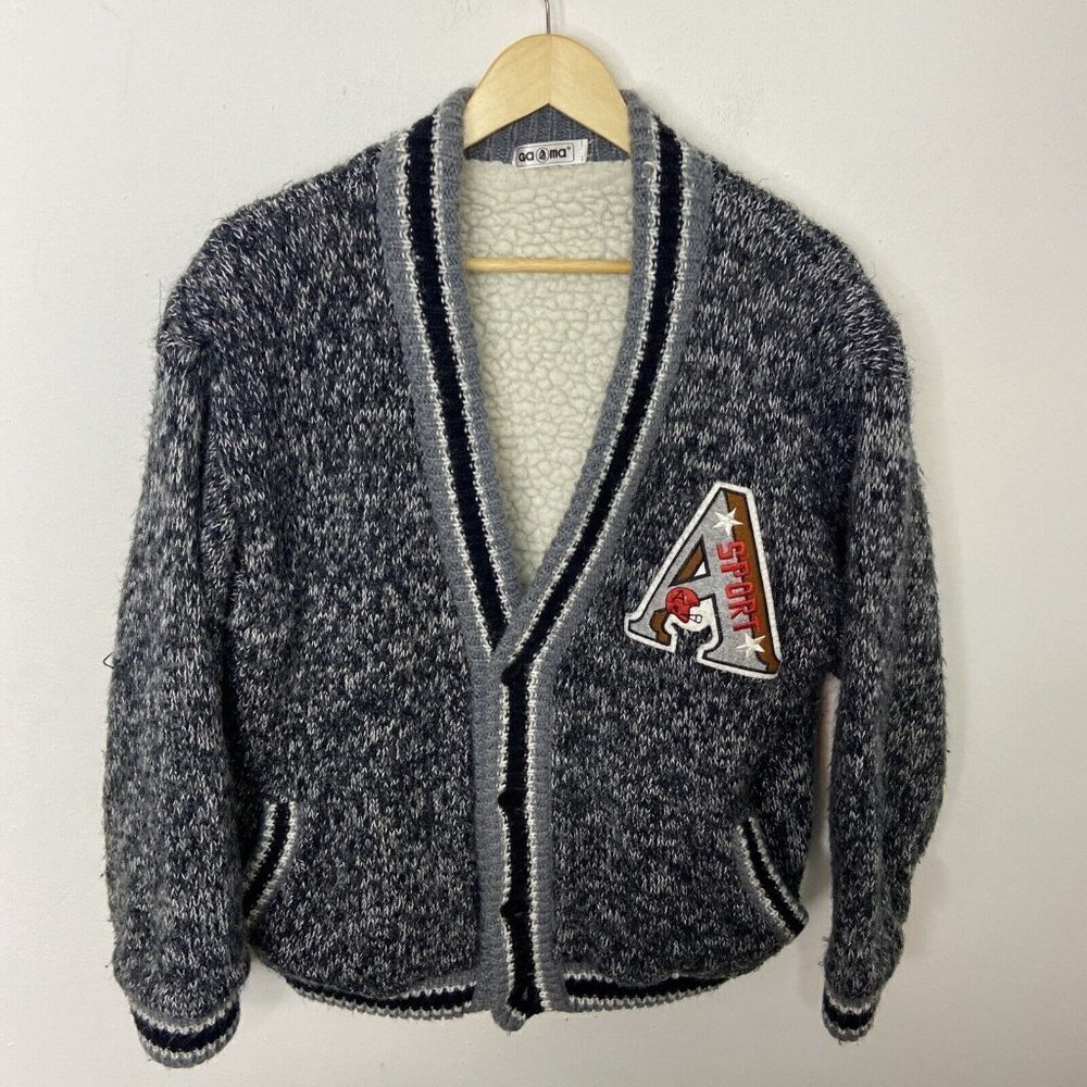 Vintage Shearling Sweater Mens Medium Gray Cardigan Letterman Football Gaoma‎
